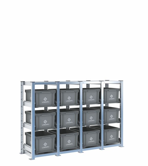 Scaffale H1000 a 4 campate con 12 contenitori Euro 400x300x220h, vista prospettica