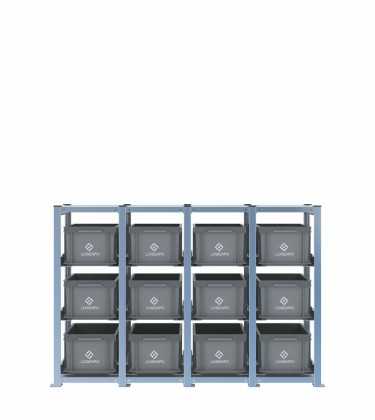 Scaffale H1000 a 4 campate con 12 contenitori Euro 400x300x220h, vista prospettica 2