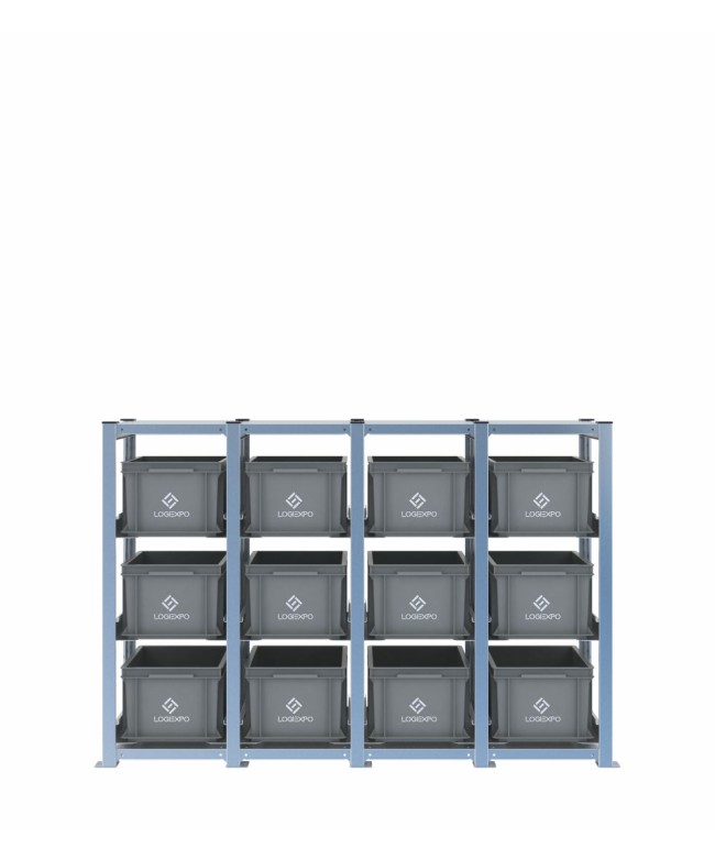 Scaffale H1000 a 4 campate con 12 contenitori Euro 400x300x220h, vista frontale