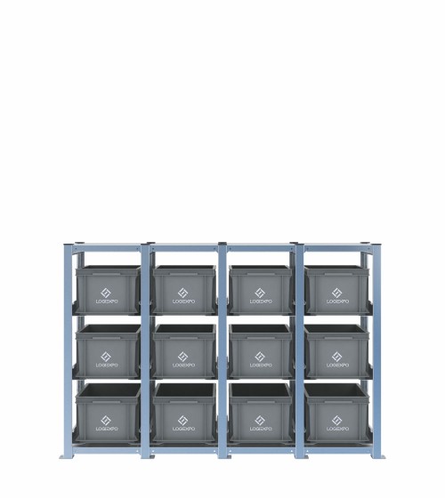 Scaffale H1000 a 4 campate con 12 contenitori Euro 400x300x220h, vista frontale
