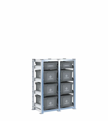 Scaffale H1000 a 2 campate con 8 contenitori Euro 400x300 di altezze 220h e 130h, vista prospettica