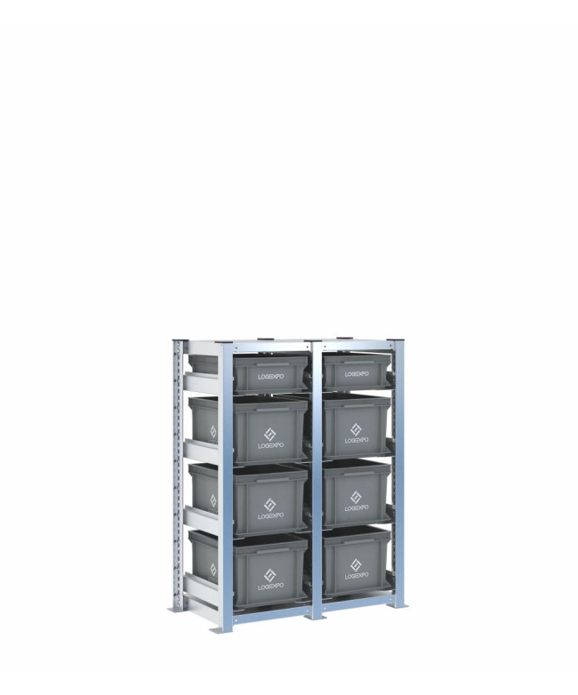 Scaffale H1000 a 2 campate con 8 contenitori Euro 400x300 di altezze 220h e 130h, vista prospettica
