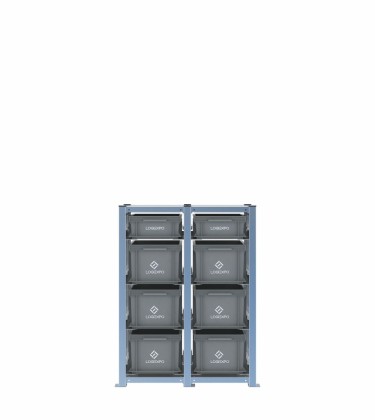 Scaffale H1000 a 2 campate con 8 contenitori Euro 400x300 di altezze 220h e 130h, vista prospettica 2