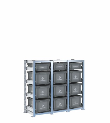 Scaffale H1000 a 3 campate con 12 contenitori Euro 400x300 di altezze 220h e 130h, vista prospettica