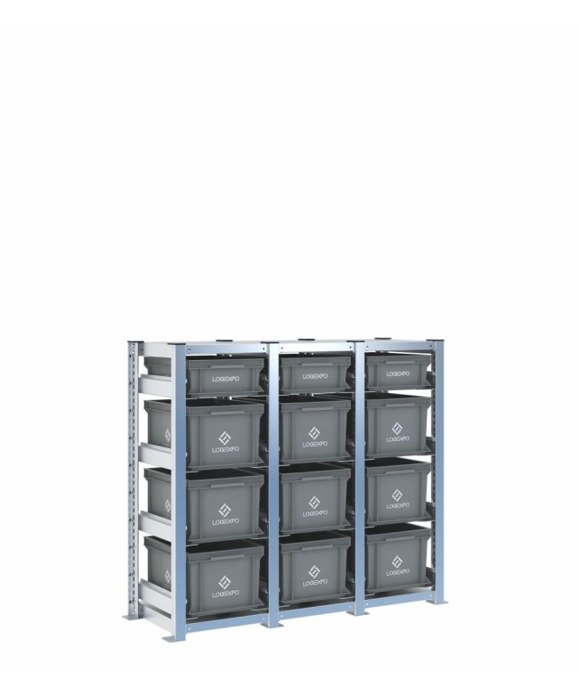 Scaffale H1000 a 3 campate con 12 contenitori Euro 400x300 di altezze 220h e 130h, vista prospettica