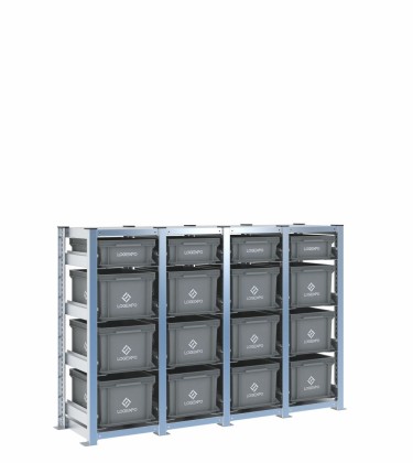 Scaffale H1000 a 4 campate con 16 contenitori Euro 400x300 di altezze 220h e 130h, vista prospettica