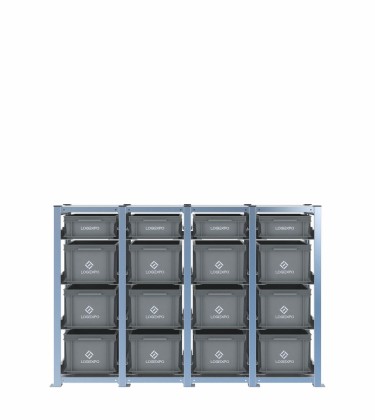 Scaffale H1000 a 4 campate con 16 contenitori Euro 400x300 di altezze 220h e 130h, vista prospettica 2