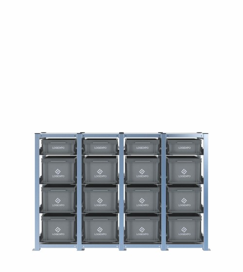 Scaffale H1000 a 4 campate con 16 contenitori Euro 400x300 di altezze 220h e 130h, vista frontale