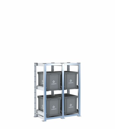Scaffale H1000 a 2 campate con 4 contenitori Euro 400x300x320h, vista prospettica