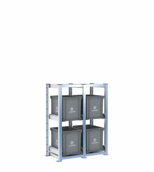 Scaffale H1000 a 2 campate con 4 contenitori Euro 400x300x320h, vista prospettica