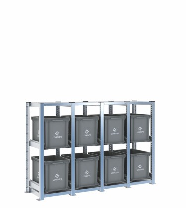Scaffale H1000 a 4 campate con 8 contenitori Euro 400x300x320h, vista prospettica