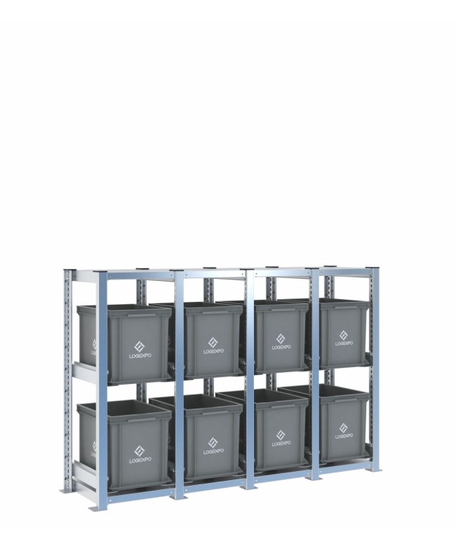 Scaffale H1000 a 4 campate con 8 contenitori Euro 400x300x320h, vista prospettica