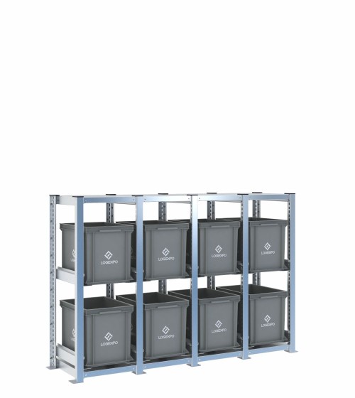 Scaffale H1000 a 4 campate con 8 contenitori Euro 400x300x320h, vista prospettica