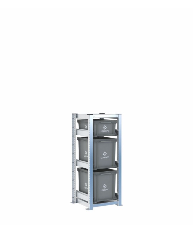 Scaffale H1000 a 1 campata con 3 contenitori Euro 400x300 di altezze 320h e 170h, vista prospettica