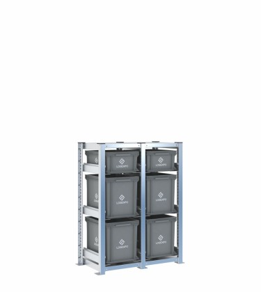 Scaffale H1000 a 2 campate con 6 contenitori Euro 400x300 di altezze 320h e 170h, vista prospettica