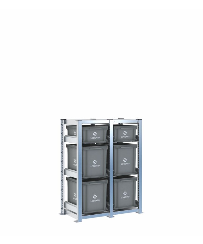 Scaffale H1000 a 2 campate con 6 contenitori Euro 400x300 di altezze 320h e 170h, vista prospettica