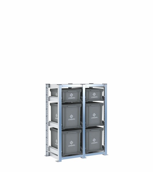 Scaffale H1000 a 2 campate con 6 contenitori Euro 400x300 di altezze 320h e 170h, vista prospettica