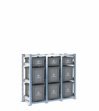 Scaffale H1000 a 3 campate con 9 contenitori Euro 400x300 di altezze 320h e 170h, vista prospettica