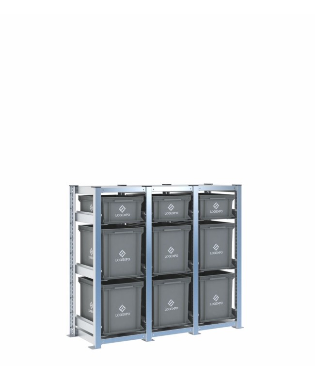 Scaffale H1000 a 3 campate con 9 contenitori Euro 400x300 di altezze 320h e 170h, vista prospettica