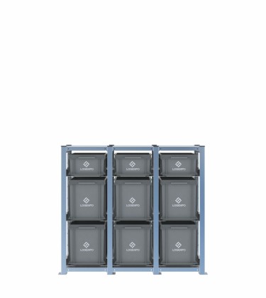 Scaffale H1000 a 3 campate con 9 contenitori Euro 400x300 di altezze 320h e 170h, vista prospettica 2