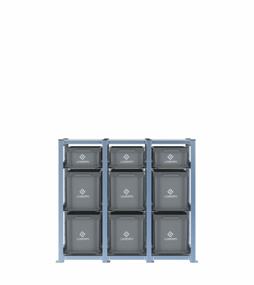 Scaffale H1000 a 3 campate con 9 contenitori Euro 400x300 di altezze 320h e 170h, vista frontale