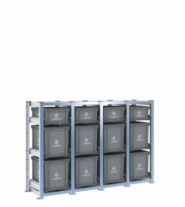 Scaffale H1000 a 4 campate con 12 contenitori Euro 400x300 di altezze 320h e 170h, vista prospettica