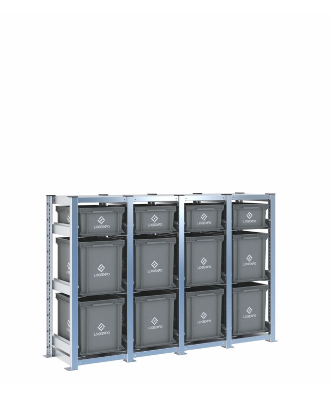Scaffale H1000 a 4 campate con 12 contenitori Euro 400x300 di altezze 320h e 170h, vista prospettica