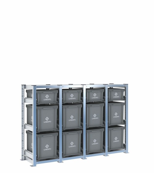 Scaffale H1000 a 4 campate con 12 contenitori Euro 400x300 di altezze 320h e 170h, vista prospettica
