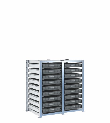 Scaffale H1000 a 2 campate con 18 contenitori Euro 600x400x70h, vista prospettica