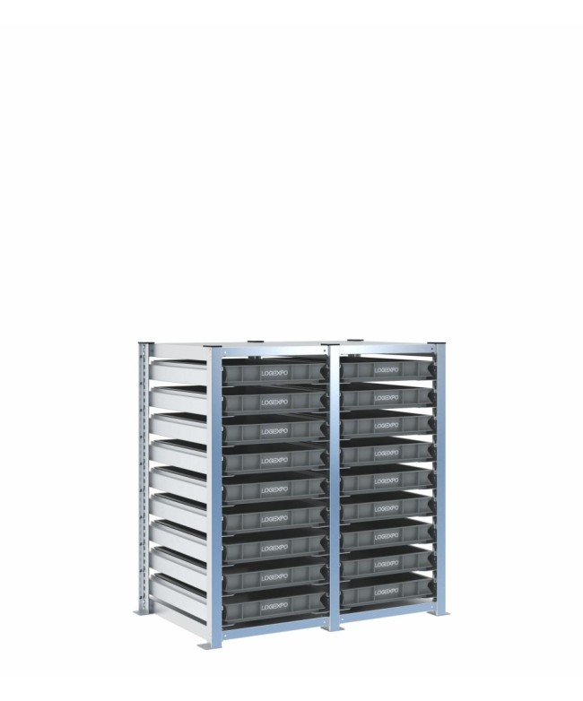 Scaffale H1000 a 2 campate con 18 contenitori Euro 600x400x70h, vista prospettica