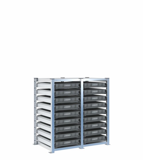 Scaffale H1000 a 2 campate con 18 contenitori Euro 600x400x70h, vista prospettica