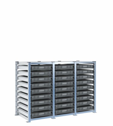 Scaffale H1000 a 3 campate con 27 contenitori Euro 600x400x70h, vista prospettica