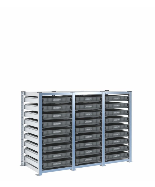 Scaffale H1000 a 3 campate con 27 contenitori Euro 600x400x70h, vista prospettica