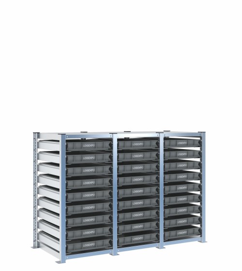 Scaffale H1000 a 3 campate con 27 contenitori Euro 600x400x70h, vista prospettica