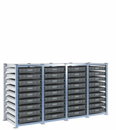 Scaffale H1000 a 4 campate con 36 contenitori Euro 600x400x70h, vista prospettica