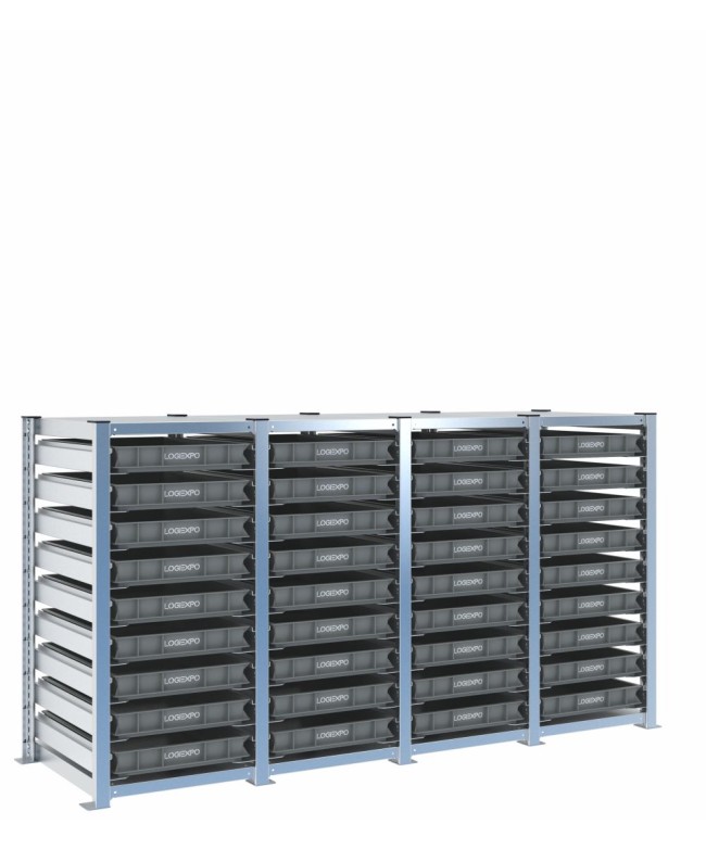 Scaffale H1000 a 4 campate con 36 contenitori Euro 600x400x70h, vista prospettica