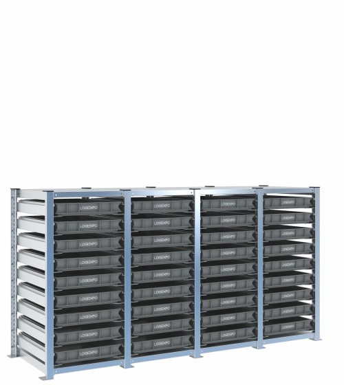 Scaffale H1000 a 4 campate con 36 contenitori Euro 600x400x70h, vista prospettica