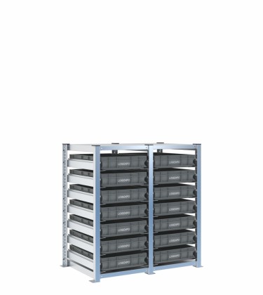 Scaffale H1000 a 2 campate con 14 contenitori Euro 600x400x100h, vista prospettica