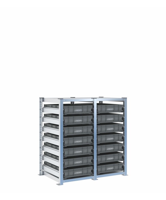 Scaffale H1000 a 2 campate con 14 contenitori Euro 600x400x100h, vista prospettica