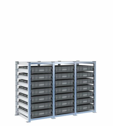 Scaffale H1000 a 3 campate con 21 contenitori Euro 600x400x100h, vista prospettica