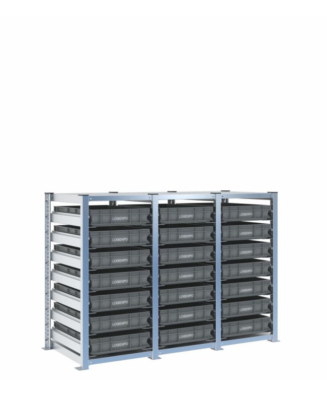 Scaffale H1000 a 3 campate con 21 contenitori Euro 600x400x100h, vista prospettica