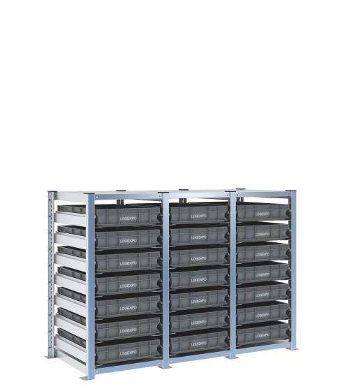 Scaffale H1000 a 3 campate con 21 contenitori Euro 600x400x100h, vista prospettica