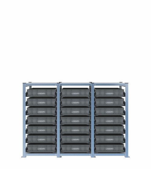 Scaffale H1000 a 3 campate con 21 contenitori Euro 600x400x100h, vista frontale