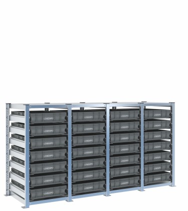 Scaffale H1000 a 4 campate con 28 contenitori Euro 600x400x100h, vista prospettica