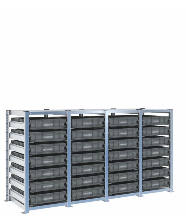 Scaffale H1000 a 4 campate con 28 contenitori Euro 600x400x100h, vista prospettica