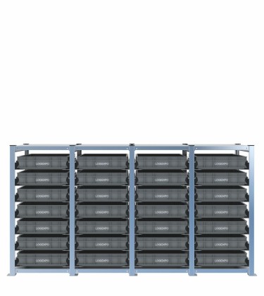 Scaffale H1000 a 4 campate con 28 contenitori Euro 600x400x100h, vista prospettica 2
