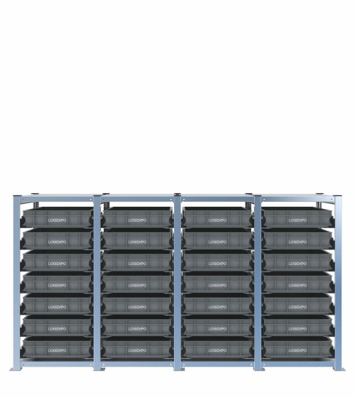 Scaffale H1000 a 4 campate con 28 contenitori Euro 600x400x100h, vista frontale