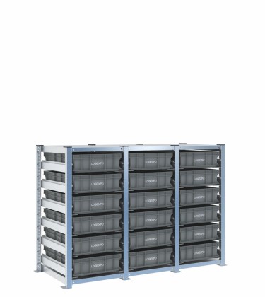 Scaffale H1000 a 3 campate con 18 contenitori Euro 600x400x130h, vista prospettica