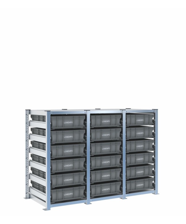 Scaffale H1000 a 3 campate con 18 contenitori Euro 600x400x130h, vista prospettica