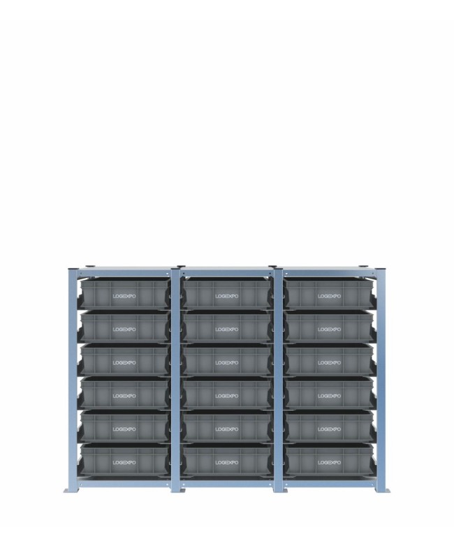Scaffale H1000 a 3 campate con 18 contenitori Euro 600x400x130h, vista frontale